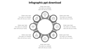 Infographic PowerPoint template with a grey circular design, featuring eight icons with placeholder text on a white backdrop.
