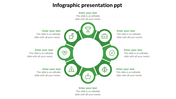 Infographic with eight green icons in a circular layout, depicting financial, productivity, and business related elements. 
