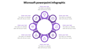 Infographic PPT template with a purple circular design, featuring eight icons with placeholder text on a white backdrop.
