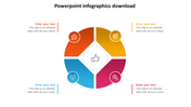 Circular infographic with four quadrants in orange, yellow, blue, and red, each with icons, surrounding a thumbs up icon.