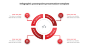 Red circular infographic template, with four sections arranged around a central thumbs up icon, each with space for text.