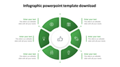 Green and white infographic template with six segments, each with icons and text, forming a circular layout.