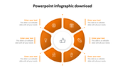 Circular infographic with six orange segments surrounding a central thumbs up icon, each linked to placeholder text. 