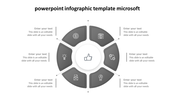 Microsoft infographic PowerPoint template with a grey circular six step diagram and text placeholders on a white backdrop.