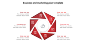 Circular layout with six red triangles, featuring icons, representing a marketing plan, centered around a thumbs up symbol.