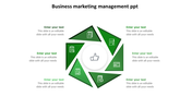 Business marketing management PowerPoint template with a circular green triangular diagram and central thumbs up icon.