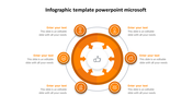 Infographic PPT template with an orange circular diagram, six icons, and text placeholders on a white backdrop.