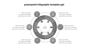 Grayscale circular infographic with six surrounding icons connected to a central thumbs up symbol by rotating arrows. 