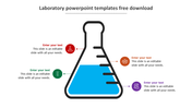 Infographic featuring a laboratory flask with blue liquid, connected to four colorful circular icons with text.