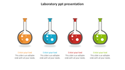 Four laboratory flasks filled with orange, blue, red, and green liquids, arranged horizontally with text below.