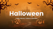 Halloween PowerPoint Template Microsoft with orange dark theme, pumpkins, bats and spooky slides with clean layouts.