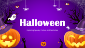 Happy Halloween Purple Slide With Pumpkins, Ghost, Spiders, Webs, Witch Hats, Trees, Text Holders And Shapes Layout