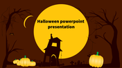 Halloween slide with a haunted house, bats, pumpkins, and a large yellow moon in the dark brown background.