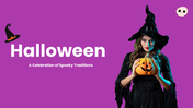 Halloween PowerPoint Presentation Templates with purple theme, witch holding pumpkin, spooky icons and clean layouts.