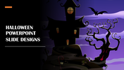 Halloween slide with a silhouette of a haunted house, twisted tree, and a bat flying, on dark purple sky and cloud pattern.