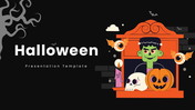 The Halloween Themed PowerPoint black theme, orange shapes, monster, candle, infographic text layouts.