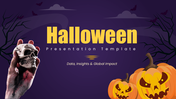 Halloween PPT with purple theme, witch girl, ghost, pumpkin, bats, icons, shapes, and clean layouts for spooky presentations.