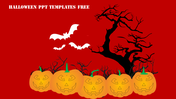 Halloween PowerPoint template featuring glowing jack o lanterns, flying bats, and a spooky twisted tree on a red background.