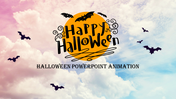 Halloween themed slide with a message, bats, and a bright orange moon against a cloudy sky.