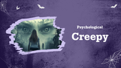 Creepy PowerPoint Templates with horror eyes image, purple grunge shapes, bats and dark slide layout.