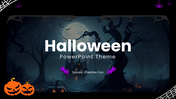 Halloween Themed PowerPoint dark slides with pumpkins, bats, moon, text boxes, icons, spooky shapes.