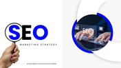SEO Marketing Strategy slides with blue theme, icons, charts, shapes, and clean text holders.