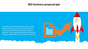 SEO slide featuring a red rocket, and an orange upward arrow, along with a document icon, on a blue and white backdrop.