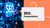 SEO Presentation with blue tech screen, hand pointing SEO text, orange layout, clean text boxes and shapes.