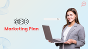 SEO marketing plan PowerPoint slide with a rocket launch, digital analytics, and mobile interaction elements.