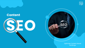 SEO Presentation PPT with blue theme, magnifier SEO image, circle shapes, icons and clean marketing slides.
