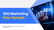 SEO marketing plan slides with blue-yellow theme, charts, icons, keyword strategy, audit layout and SEO optimization visuals.
