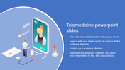 Illustrated telemedicine PowerPoint slide with a doctor patient consultation via smartphone with text area on a blue theme.
