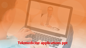 Telemedicine concept showing a patient on a laptop video call with a doctor, with an orange and circular design elements.