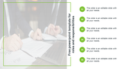 Green themed design featuring six numbered sections and a blurred background of professionals writing on documents.