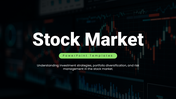 Stock market slides with dark charts, green accents, slides on investing, risk, portfolio, graphs, and clean layouts.