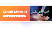 Stock market PPT with orange theme, trading charts, risk graphs, bar data, icons, and clean text layouts for insights.