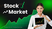 Stock Market green theme, rising chart, tablet visuals, clean text holders, modern shapes.