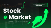Stock Market green theme with bull arrow, growth charts, icons, clean text holders and modern layout.