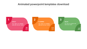 Horizontal infographic with three corner boxes showing steps 1 to 3 Goals, Planning, and Sales, each with icons and colors.