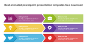 Colorful animated PowerPoint template with six sections, each with a different icon and text placeholder.