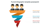 Funnel graphic with five descending layers in orange to red tones and four male avatars at the top, with text placeholders.