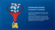 Funnel graphic with coins showing user icons converting into gold dollar coins, set on a blue background with text space.