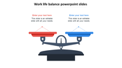 Balance scale graphic with red and blue trays, each linked to editable text boxes for work and life concepts.