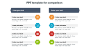 A two-column comparison template with hexagonal icons in orange, blue, red, and green next to placeholder text areas.