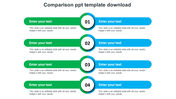 Comparison slide with four rows of green and blue text boxes, connected by numbered circular segments in the center.