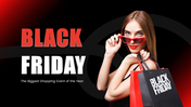 Black friday PPT with bold black red theme, shopping visuals, charts, and clean layouts for sales insights and strategy.
