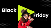 The best black friday presentation slides with woman in red, sale tags, neon triangle, and dark promo layout.