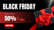 Black friday slide featuring a white circular sale banner with a gift bow and offer tag, on a red patterned backdrop.