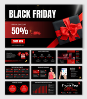 Black friday slide featuring a white circular sale banner with a gift bow and offer tag, on a red patterned backdrop.