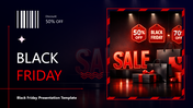 Black Friday presentation template with sale offers, discount tags, shopping trends, pricing plans, and strategy slides.